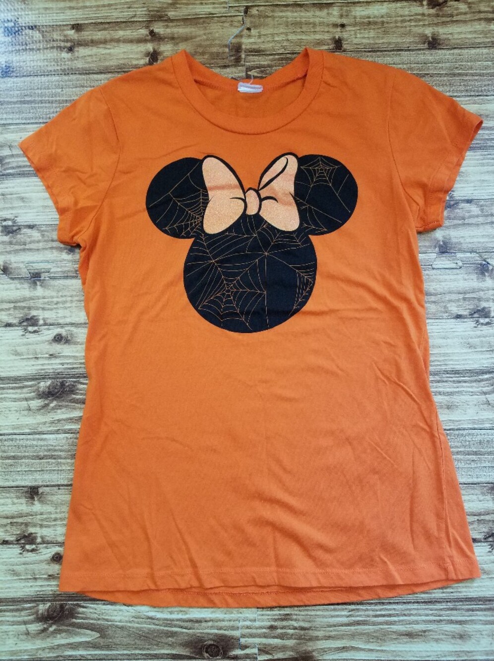 Disney Minnie Mouse Halloween Graphic Shirt Orange Spider web Juniors Small